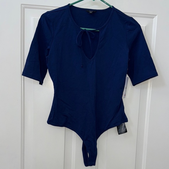 Guess Tops - Guess Blue Tie Front Fitted Bodysuit with Cap Sleeves